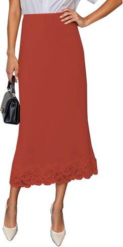 Women Satin Lace Trim Long Skirts Elastic Waist Asymmetric Hem Midi Skirts Lace Half Slip Maxi Skirts Streetwear in Saudi Arabia