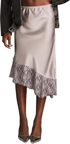 Women Satin Lace Trim Long Skirts Elastic Waist Asymmetric Hem Midi Skirts Lace Half Slip Maxi Skirts Streetwear in Saudi Arabia