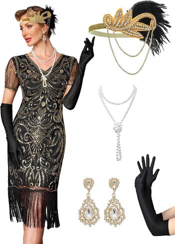 فساتين نسائية فلابر 1920s للنساء فستان كوكتيل Great Gatsby ترتر مهدب 20s مع مجموعة إكسسوارات in Kuwait