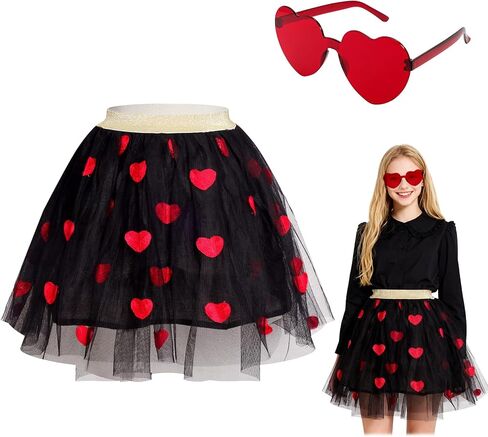 Heliltd Heart Tulle Skirt with Sunglasses Set for Women White Black Heart Tulle Tutu Skirt with Lining for Valentine's Day in Saudi Arabia