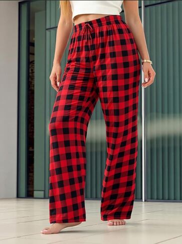 Women's Plaid Pants, Cozy Lounge Pants with Drawstring, Soft Wide Leg Bottoms, Lounge Wear for Daily Christmas in Saudi Arabia
