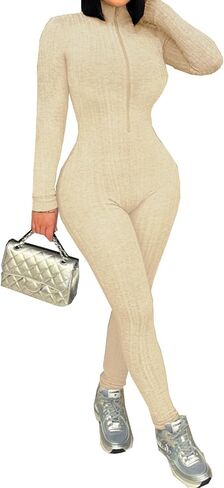 Women Sexy Long Sleeve Ribbed Jumpsuit Zip Up Front Solid Color Workout Club Bodycon Outfits in Saudi Arabia