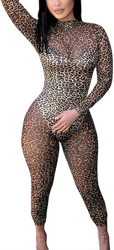 Sexy Leopard See-Through Mesh Jumpsuit for Women – Long-Sleeved Slimming One-Piece Party Outfit with Lace-Up Back in Saudi Arabia