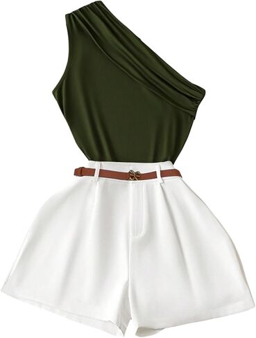 WDIRARA Women's 2 Piece Outfits One Shoulder Asymmetrical Sleeveless Tank Belted Shorts Set in Saudi Arabia