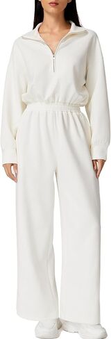 QINSEN Women's AirCotton Long-Sleeve Half-Zip High Waisted Wide Leg Jumpsuit with Peckets in Saudi Arabia