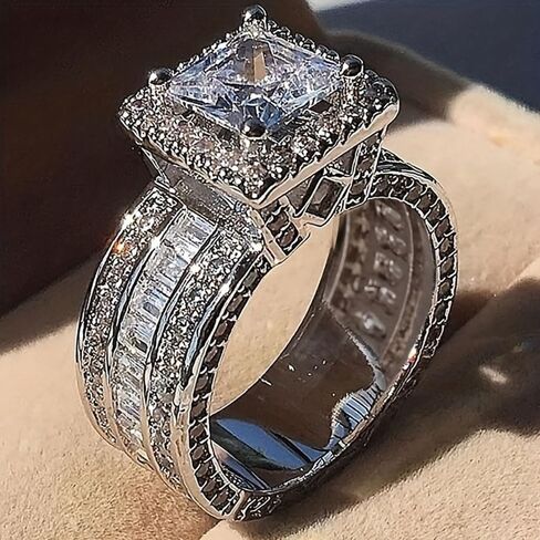 White Gold Plated Copper with Square Cubic Zirconia Engagement Rings | Wedding Bridal Band | Promise Rings | Evening Parties, Anniversary & Valentine's Day, Eternity Bands for Women in Saudi Arabia