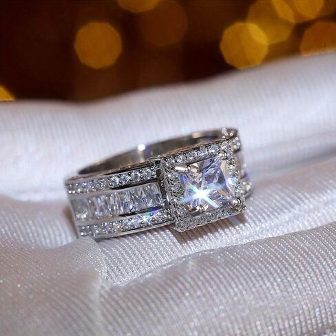 White Gold Plated Copper with Square Cubic Zirconia Engagement Rings | Wedding Bridal Band | Promise Rings | Evening Parties, Anniversary & Valentine's Day, Eternity Bands for Women in Saudi Arabia