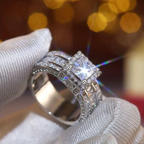 White Gold Plated Copper with Square Cubic Zirconia Engagement Rings | Wedding Bridal Band | Promise Rings | Evening Parties, Anniversary & Valentine's Day, Eternity Bands for Women in Saudi Arabia