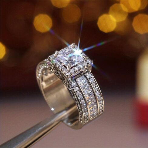 White Gold Plated Copper with Square Cubic Zirconia Engagement Rings | Wedding Bridal Band | Promise Rings | Evening Parties, Anniversary & Valentine's Day, Eternity Bands for Women in Saudi Arabia