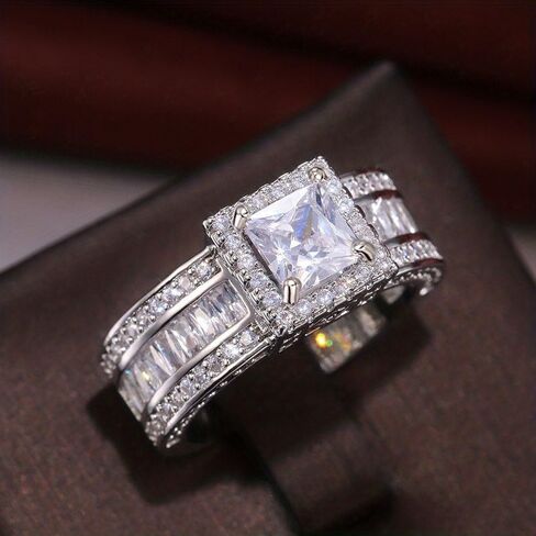 White Gold Plated Copper with Square Cubic Zirconia Engagement Rings | Wedding Bridal Band | Promise Rings | Evening Parties, Anniversary & Valentine's Day, Eternity Bands for Women in Saudi Arabia