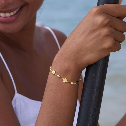 STORYJEWELLERY Daisy Bracelet, Gold Plated Bracelets for Women, Tennis Bracelets for Women, Dainty Daisy Jewelry, Gifts for Her in Saudi Arabia