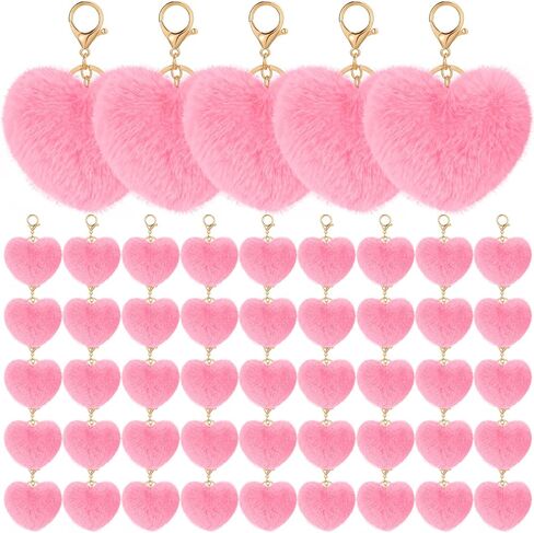 50 Pcs Valentine's Day Heart Pom Poms Keychain Fluffy Heart Shaped Puffball Keychain Faux Fur Pom Pom Keyholder Backpack Charms Bag Accessory Puffball Keyring Charms for Women in Kuwait