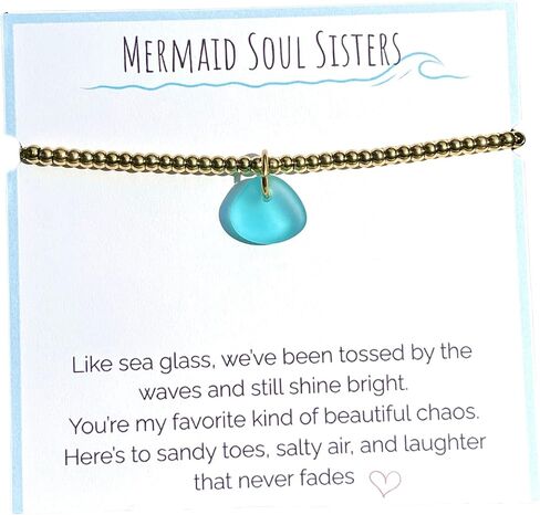 سوار من زجاج البحر من Soul Sisters Best Friend، مصنوع من الفولاذ المقاوم للصدأ مطلي بالذهب عيار 18 قيراط، قابل للتعديل من 6 إلى 8 بوصات، وصلة سلسلة مقاومة للماء مع رغوة البحر أو قلادة زرقاء مائية، مجوهرات ذات طابع الشاطئ in Kuwait
