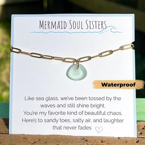 سوار من زجاج البحر من Soul Sisters Best Friend، مصنوع من الفولاذ المقاوم للصدأ مطلي بالذهب عيار 18 قيراط، قابل للتعديل من 6 إلى 8 بوصات، وصلة سلسلة مقاومة للماء مع رغوة البحر أو قلادة زرقاء مائية، مجوهرات ذات طابع الشاطئ in Kuwait