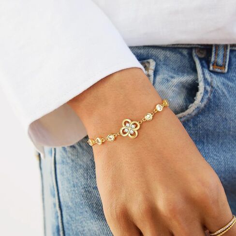 Four Leaf Clover Bracelet for Women - 14K Gold Plated Cubic Zirconia Flower Chain Bracelets, Dainty Lucky Charm Link Bracelet, Trendy Anniversary Birthday Jewelry Gift for Mom Wife Girlfriend in Saudi Arabia