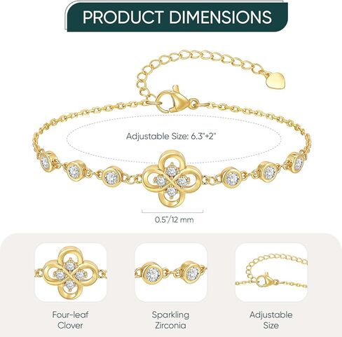 Four Leaf Clover Bracelet for Women - 14K Gold Plated Cubic Zirconia Flower Chain Bracelets, Dainty Lucky Charm Link Bracelet, Trendy Anniversary Birthday Jewelry Gift for Mom Wife Girlfriend in Saudi Arabia