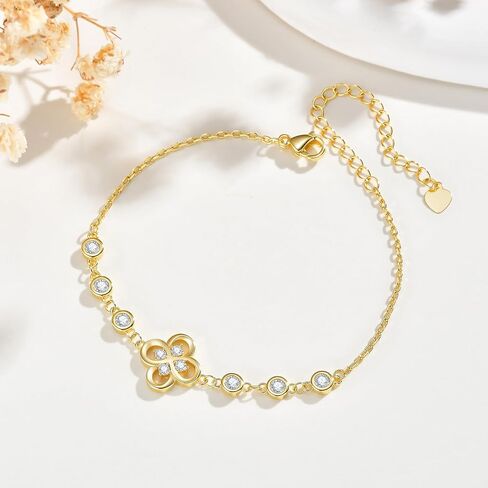 Four Leaf Clover Bracelet for Women - 14K Gold Plated Cubic Zirconia Flower Chain Bracelets, Dainty Lucky Charm Link Bracelet, Trendy Anniversary Birthday Jewelry Gift for Mom Wife Girlfriend in Saudi Arabia