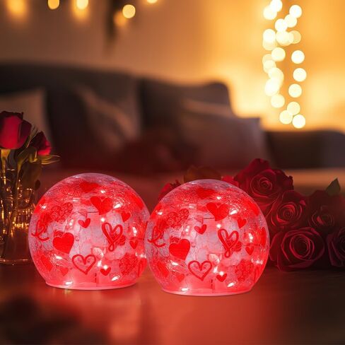 YEAHOME زينة عيد الحب، مجموعة من 2 كرة زجاجية مجعدة أضواء LED مع نمط قلب الحب لديكور الطاولة، كرات مضيئة مع مؤقت للمنزل الداخلي لغرفة المعيشة قطعة مركزية، أحمر in Kuwait