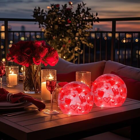 YEAHOME زينة عيد الحب، مجموعة من 2 كرة زجاجية مجعدة أضواء LED مع نمط قلب الحب لديكور الطاولة، كرات مضيئة مع مؤقت للمنزل الداخلي لغرفة المعيشة قطعة مركزية، أحمر in Kuwait