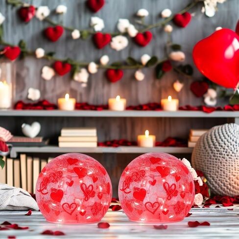 YEAHOME زينة عيد الحب، مجموعة من 2 كرة زجاجية مجعدة أضواء LED مع نمط قلب الحب لديكور الطاولة، كرات مضيئة مع مؤقت للمنزل الداخلي لغرفة المعيشة قطعة مركزية، أحمر in Kuwait