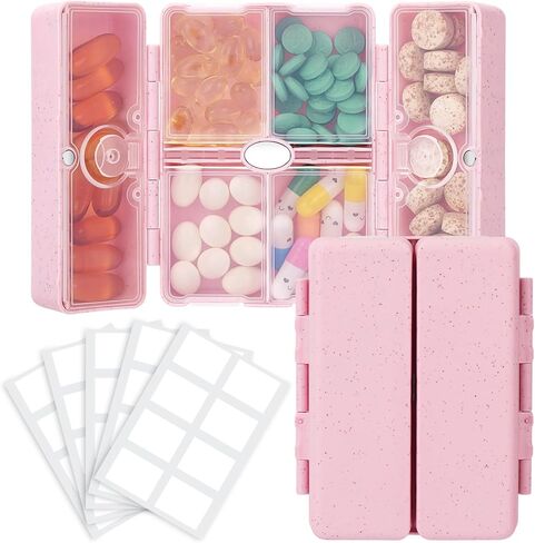 FYY Travel Pill Organizer with Blank Lables,6 Compartments Magnetic Pill Organizer Pill Box for Purse Pocket to Hold Vitamins,Cod Liver Oil,Supplements and Medication-Pink in Saudi Arabia