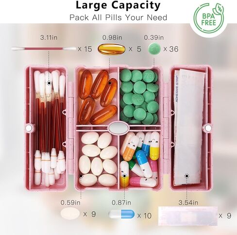 FYY Travel Pill Organizer with Blank Lables,6 Compartments Magnetic Pill Organizer Pill Box for Purse Pocket to Hold Vitamins,Cod Liver Oil,Supplements and Medication-Pink in Saudi Arabia