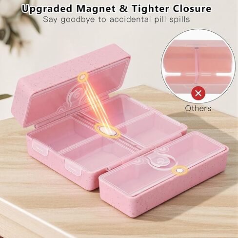 FYY Travel Pill Organizer with Blank Lables,6 Compartments Magnetic Pill Organizer Pill Box for Purse Pocket to Hold Vitamins,Cod Liver Oil,Supplements and Medication-Pink in Saudi Arabia