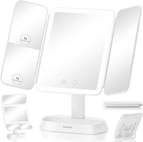 مرآة مكياج مضيئة قابلة لإعادة الشحن مع تكبير 7X/5X/1X، مرآة زينة مع أضواء، مرآة مكياج ثلاثية الطي للسفر، 3 ألوان إضاءة وسطوع قابل للتعديل، دوران 360 درجة وتصميم قابل للفصل in Kuwait
