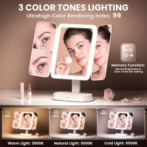 مرآة مكياج مضيئة قابلة لإعادة الشحن مع تكبير 7X/5X/1X، مرآة زينة مع أضواء، مرآة مكياج ثلاثية الطي للسفر، 3 ألوان إضاءة وسطوع قابل للتعديل، دوران 360 درجة وتصميم قابل للفصل in Kuwait