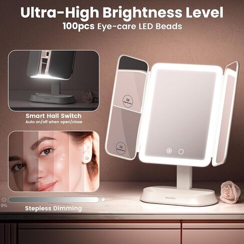 مرآة مكياج مضيئة قابلة لإعادة الشحن مع تكبير 7X/5X/1X، مرآة زينة مع أضواء، مرآة مكياج ثلاثية الطي للسفر، 3 ألوان إضاءة وسطوع قابل للتعديل، دوران 360 درجة وتصميم قابل للفصل in Kuwait