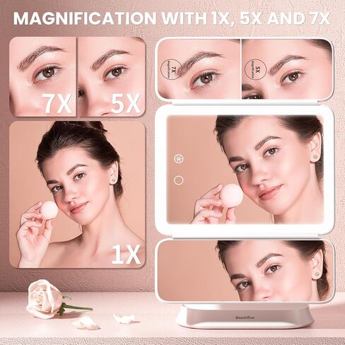 مرآة مكياج مضيئة قابلة لإعادة الشحن مع تكبير 7X/5X/1X، مرآة زينة مع أضواء، مرآة مكياج ثلاثية الطي للسفر، 3 ألوان إضاءة وسطوع قابل للتعديل، دوران 360 درجة وتصميم قابل للفصل in Kuwait