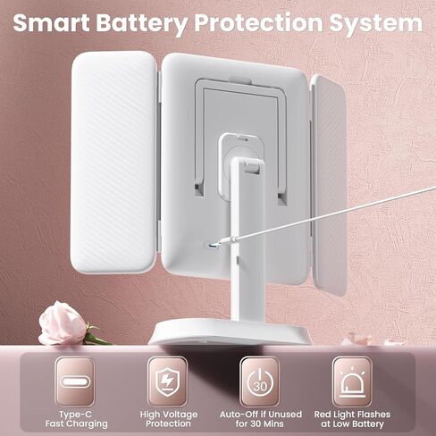 مرآة مكياج مضيئة قابلة لإعادة الشحن مع تكبير 7X/5X/1X، مرآة زينة مع أضواء، مرآة مكياج ثلاثية الطي للسفر، 3 ألوان إضاءة وسطوع قابل للتعديل، دوران 360 درجة وتصميم قابل للفصل in Kuwait