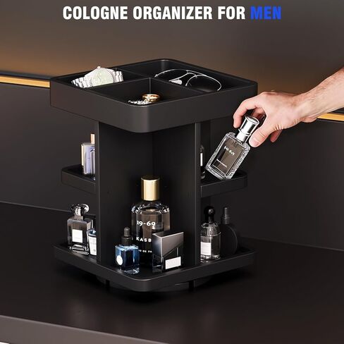 منظم كولونيا دوار بثلاث طبقات للرجال، حامل عرض عطر خشبي ذو سعة كبيرة للمكتب ومنضدة النوم، تصميم زاوية مستديرة، هدية عيد ميلاد للرجال (أسود) in Saudi Arabia