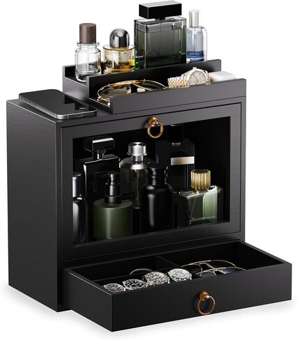 Cologne Organizer for Men – Wooden Perfume Organizer with Magnetic Removable Top Stand, Large Drawer, Velvet-Lined Display Case - Black Cologne Holder for Vanity, Dresser Storage - Gift for Men in Saudi Arabia