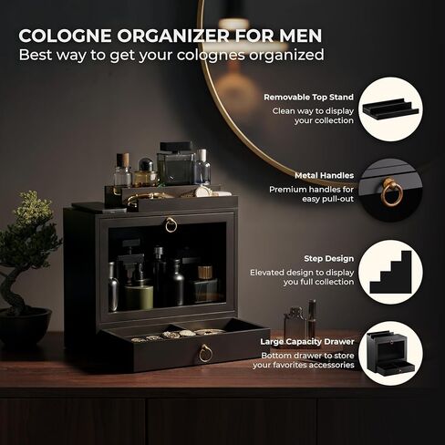 Cologne Organizer for Men – Wooden Perfume Organizer with Magnetic Removable Top Stand, Large Drawer, Velvet-Lined Display Case - Black Cologne Holder for Vanity, Dresser Storage - Gift for Men in Saudi Arabia