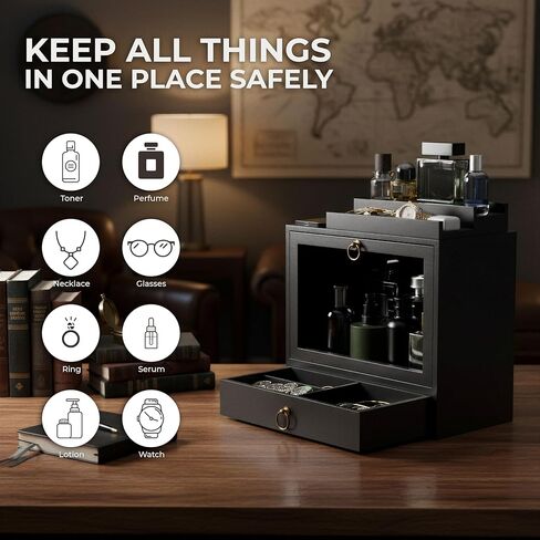 Cologne Organizer for Men – Wooden Perfume Organizer with Magnetic Removable Top Stand, Large Drawer, Velvet-Lined Display Case - Black Cologne Holder for Vanity, Dresser Storage - Gift for Men in Saudi Arabia