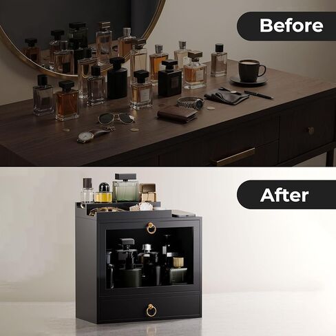 Cologne Organizer for Men – Wooden Perfume Organizer with Magnetic Removable Top Stand, Large Drawer, Velvet-Lined Display Case - Black Cologne Holder for Vanity, Dresser Storage - Gift for Men in Saudi Arabia