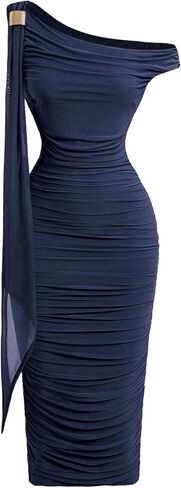 Floerns Women's Elegant Off The Shoulder Midi Dress Metal Sleeveless Ruched Slim Fit Bodycon Party Dresses in Saudi Arabia