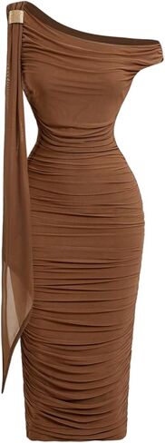 Floerns Women's Elegant Off The Shoulder Midi Dress Metal Sleeveless Ruched Slim Fit Bodycon Party Dresses in Saudi Arabia