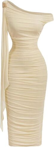 Floerns Women's Elegant Off The Shoulder Midi Dress Metal Sleeveless Ruched Slim Fit Bodycon Party Dresses in Saudi Arabia