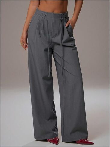 GORGLITTER Women's Low Rise Waisted Dress Pants Dressy Work Office Wide Leg Straight Business Trousers Slacks Pants in Saudi Arabia