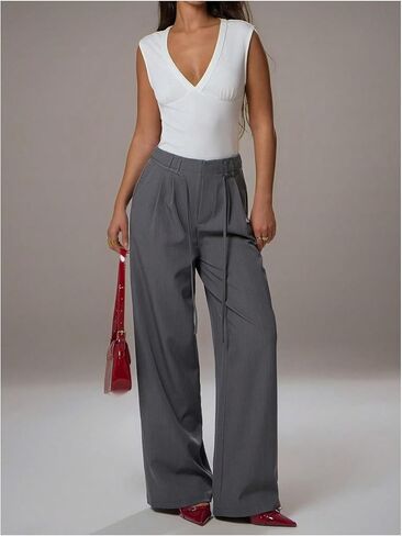 GORGLITTER Women's Low Rise Waisted Dress Pants Dressy Work Office Wide Leg Straight Business Trousers Slacks Pants in Saudi Arabia