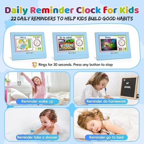 Secura TimeTact Reminder for Kids, 7" LED Talking Alarm Clock with Countdown Visual Timer, 17 Daily Reminders & 5 Custom Alarms Habit Reminder and Scheduler (Blue) in Saudi Arabia
