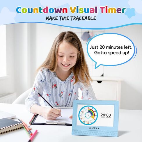 Secura TimeTact Reminder for Kids, 7" LED Talking Alarm Clock with Countdown Visual Timer, 17 Daily Reminders & 5 Custom Alarms Habit Reminder and Scheduler (Blue) in Saudi Arabia