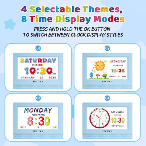 Secura TimeTact Reminder for Kids, 7" LED Talking Alarm Clock with Countdown Visual Timer, 17 Daily Reminders & 5 Custom Alarms Habit Reminder and Scheduler (Blue) in Saudi Arabia