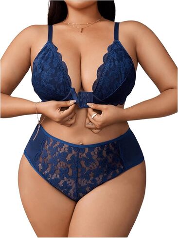 ملابس داخلية نسائية من WDIRARA مكونة من قطعتين من الدانتيل مزهّرة وإغلاق أمامي بحمالات صدر لاسلكية وملابس داخلية قصيرة in Kuwait