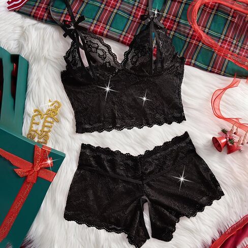 Sexy Women's Crotchless Cupless Floral Lace Pajamas Set High Waist 2 Piece Bra Panty Nightwear Sleepwear in Saudi Arabia