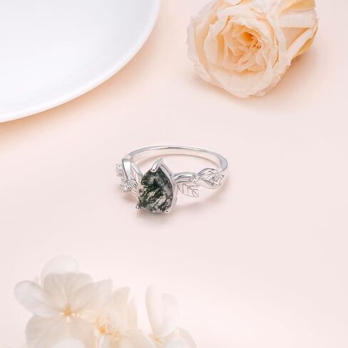 DAOCHONG Natural Moss Agate Ring for Women 925 Sterling Silver Leaf Moss Agate Engagement Wedding Promise Ring Jewelry Gift for Women in Saudi Arabia