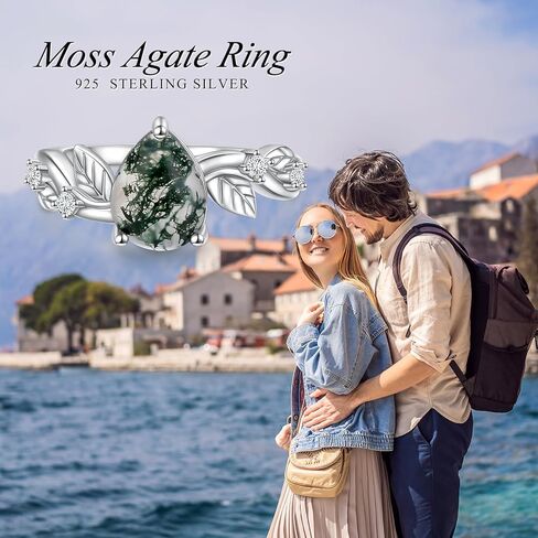 DAOCHONG Natural Moss Agate Ring for Women 925 Sterling Silver Leaf Moss Agate Engagement Wedding Promise Ring Jewelry Gift for Women in Saudi Arabia