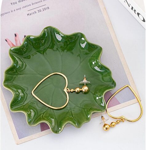 Ceramic Jewelry Tray, Decorative Trinket Dish for Rings Earrings Necklaces Bracelet Watch Keys, Birthday Mother's Day Christmas Thanksgiving Gift for Women, 4.7", Green Lotus Leaves in Saudi Arabia